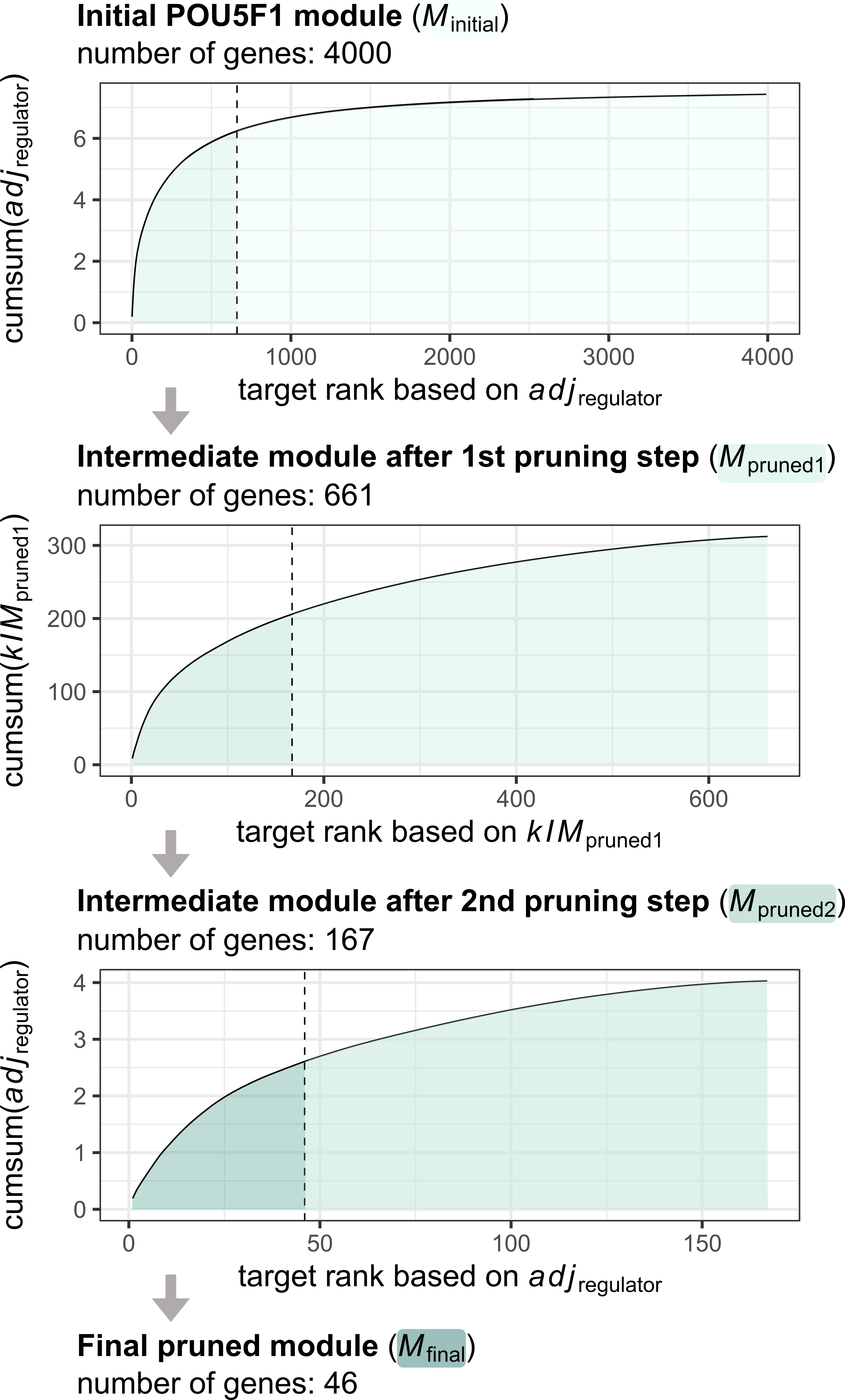 Stepwise dynamic pruning approach exemplified by the POU5F1 module. In each step, we calculated the cumulative sum curve of the regulator-target adjacency or intramodular connectivitiy of the target genes alternately, then kept the targets that fell below the knee point of the curve. We continued this process for 3 iterations - until the module sizes became as small as possible without falling below 20 genes.