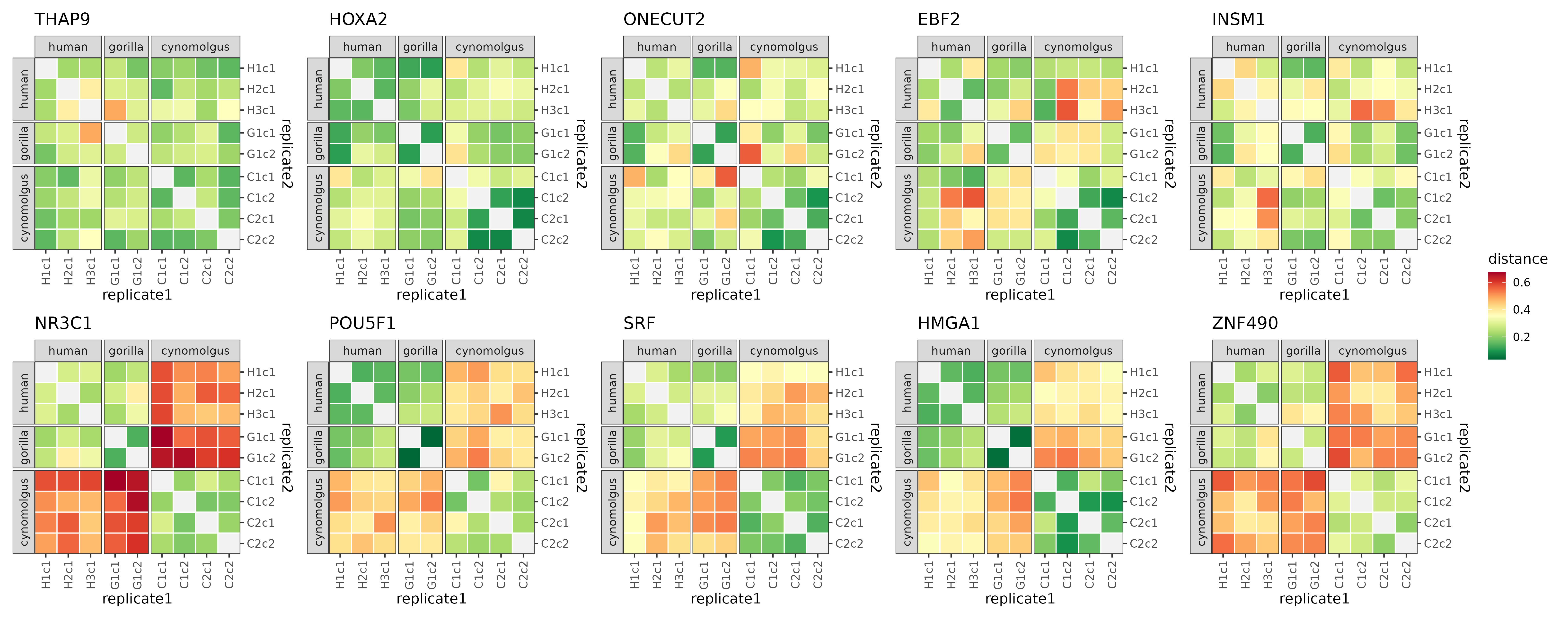 The distance matrices of the 5 most conserved (top row) and 5 most diverged (bottom row) modules.