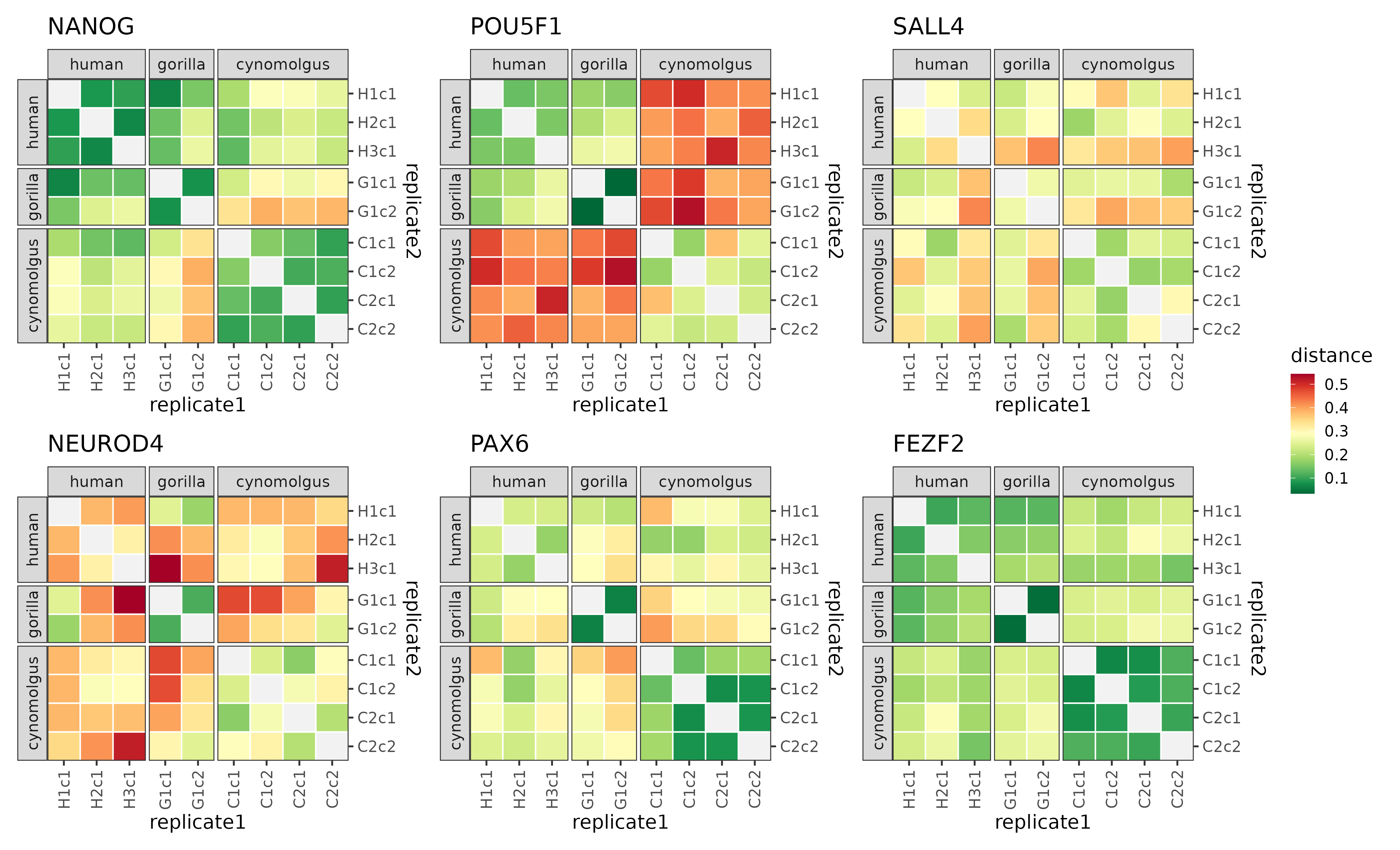 The distance matrices of 6 example modules.