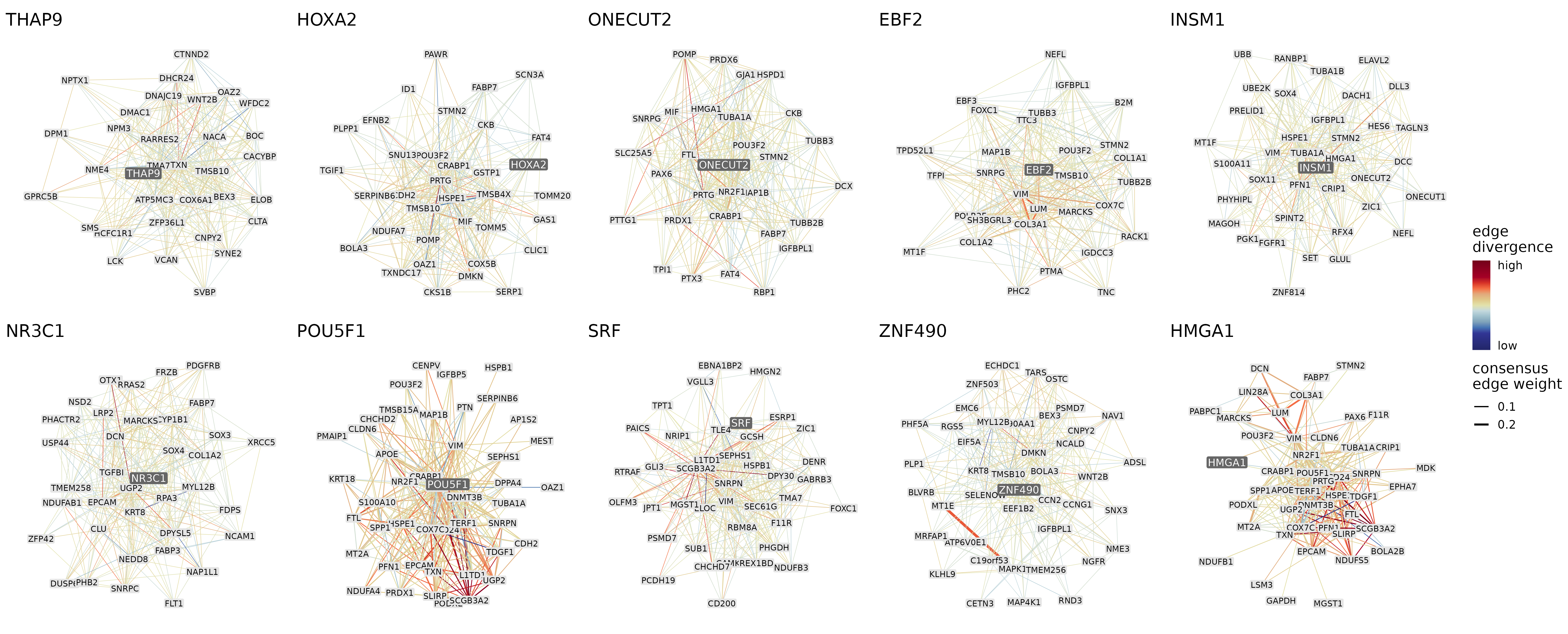 The 300 strongest connections of the 5 most conserved (top row) and 5 most diverged (bottom row) modules. The thickness of the edges represents the consensus edge weights and the color of the edges represents how different the mean edge weights are across the 3 species.
